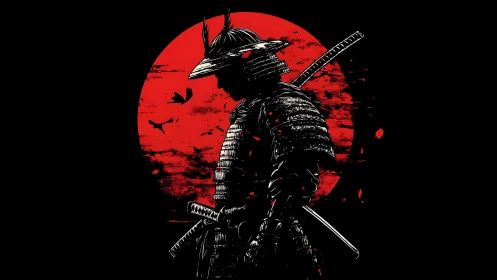 Samurai silhouette before blood-red grunge sun background.