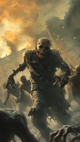 Towering central zombie advances through burning urban ruins