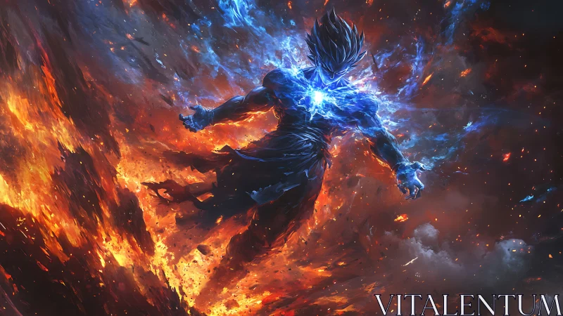 Plasma-charged elemental warrior amid eruptive fiery vortex