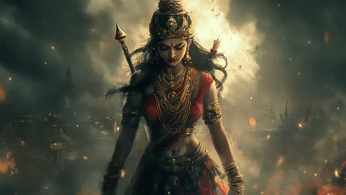 Female warrior in ornate armor stands amid smoke and ruins