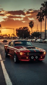 Red classic muscle car drives on city street at sunset