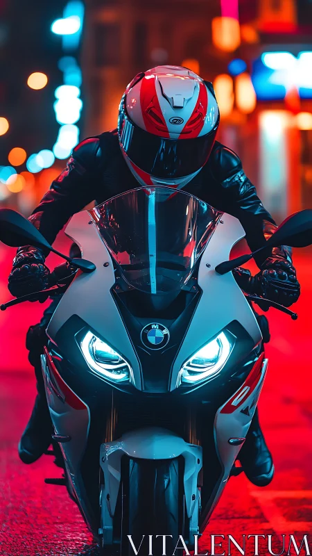 Sport bike rider cuts through neon city streets at night