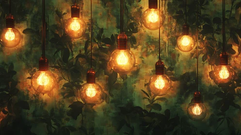 Warm hanging light bulbs against leafy green textured wall.