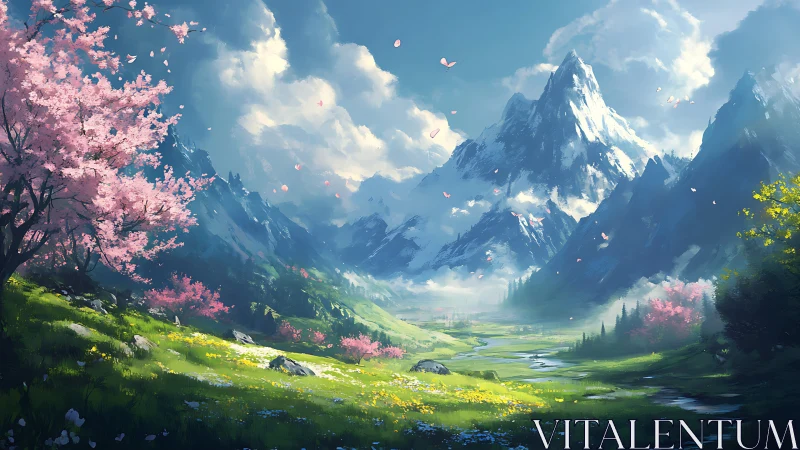 Sunlit alpine valley unfolds beneath towering spring peaks