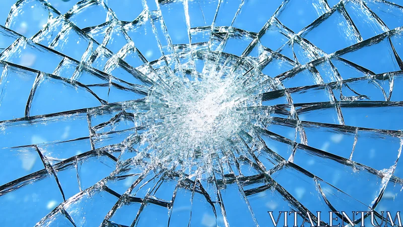 Shattered safety glass radiating cracks on blue sky field.