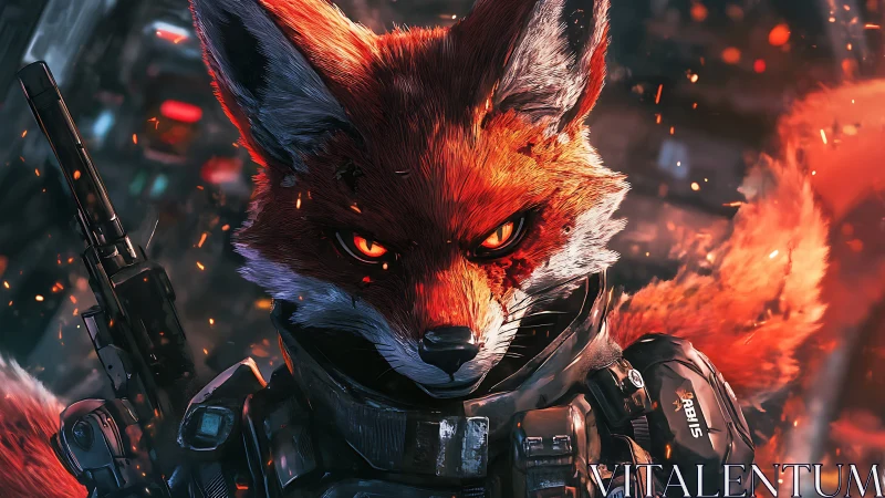 Cybernetic fox operative in burning neon battlefield armor.