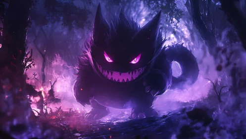 Spectral creature stalks neon mist forest with feral glare.