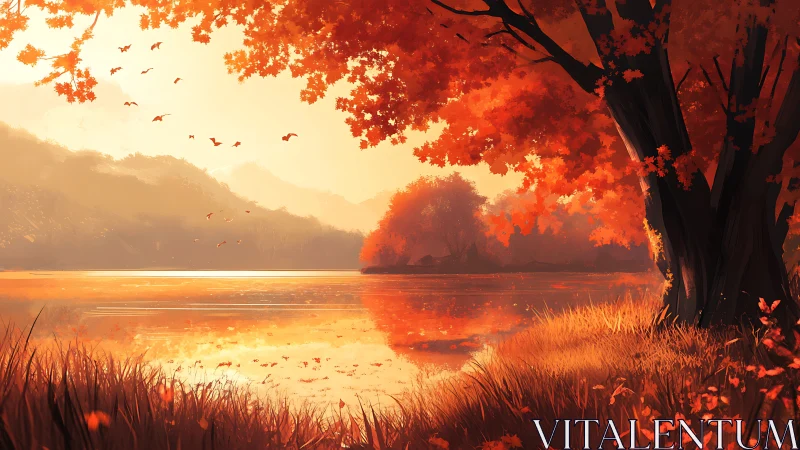 Autumn lakeside landscape uses warm color grading and layered depth