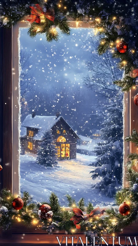 Cozy winter cabin glows beyond a softly lit garland window.