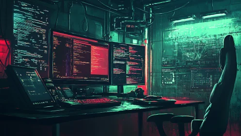 Neon-lit multi-monitor cyber ops workstation renders immersive
