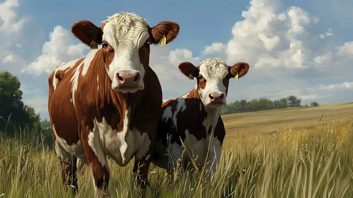 Pasture guardians gaze across rolling fields of summer sky.