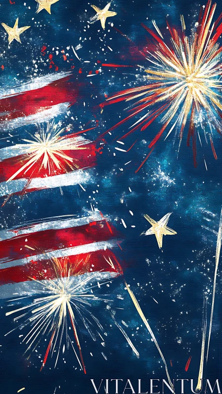 Fireworks burst over stylized red and white flag stripes