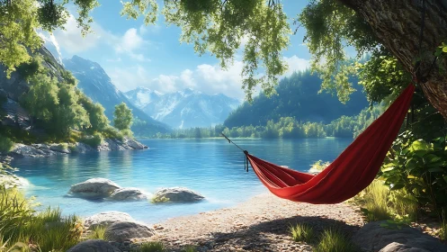 Red hammock spans shaded lakeshore beneath alpine light gradients