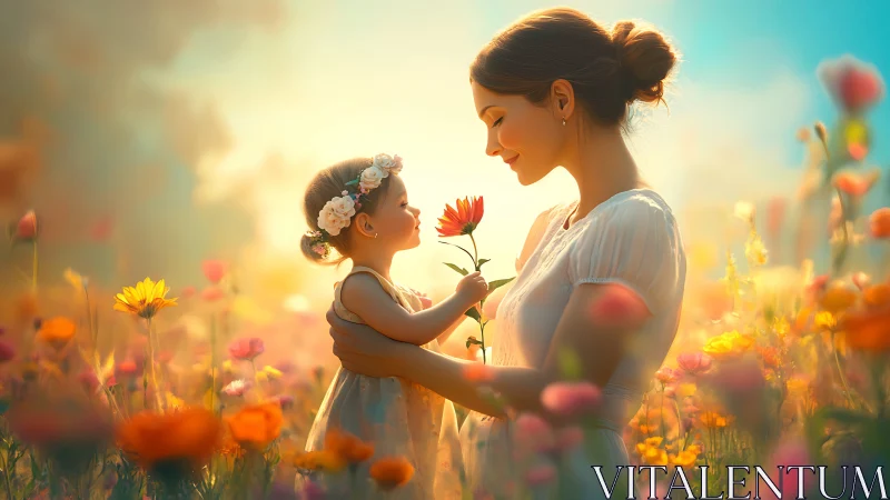 Woman and child in sunlit flower field with flowers.
