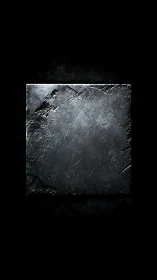 Weathered metal slab emerges from darkness with stark drama