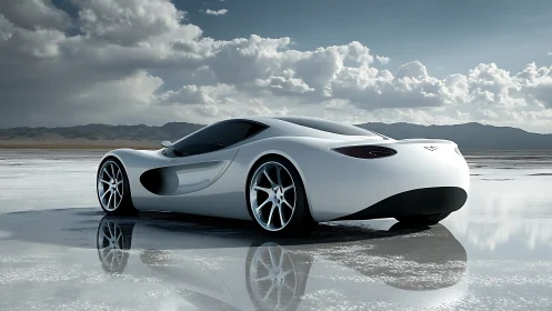 White concept sports car on reflective salt flat surface.