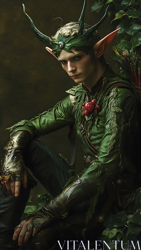 Forest elf archer resting among leaves in quiet focus.