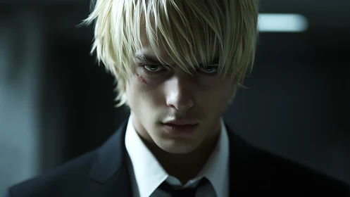 Blond anime antihero with scar in dark suit hallway.