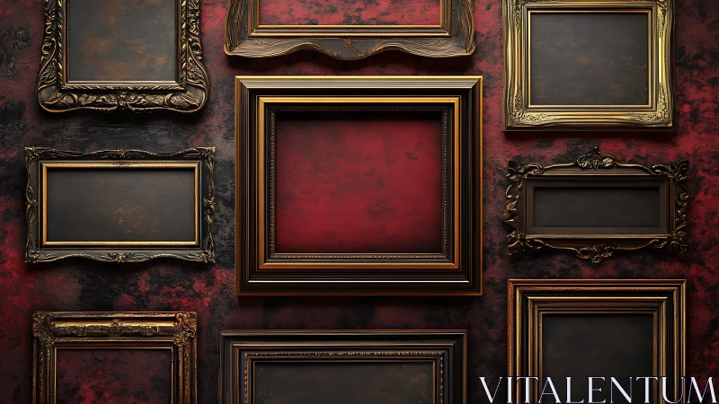 Empty ornate picture frames hang on a textured red wall