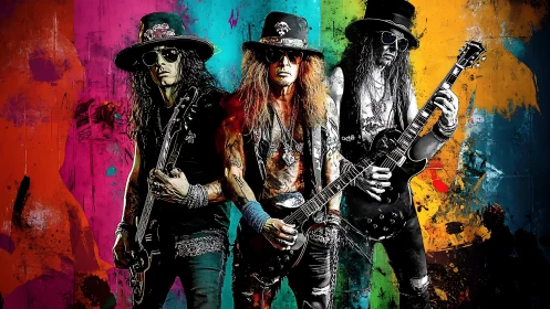 Triptych of rock guitarists against chromatic splatter fields.