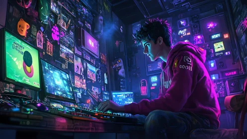 Glowing neon studio surrounds a focused young digital creator