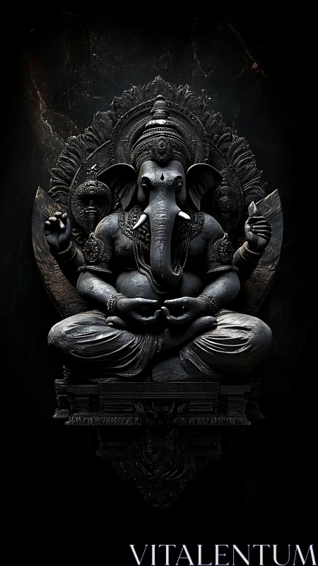 Shadowed Ganesha radiates calm in sculpted obsidian stillness.