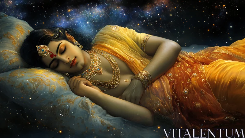 Divine woman resting in jeweled sari under starry cosmos.