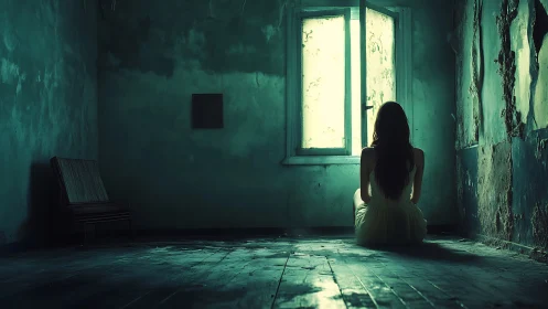 Solitary woman in decayed teal room facing glowing window.