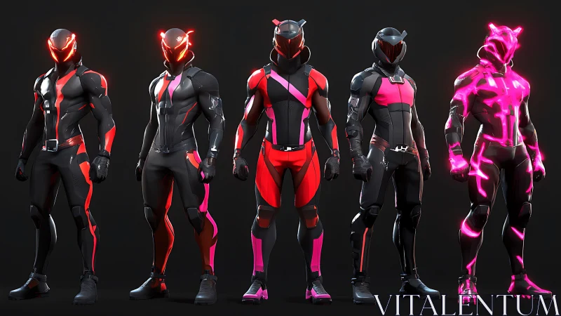 Neon armored heroes glowing in bold pink and black suits.