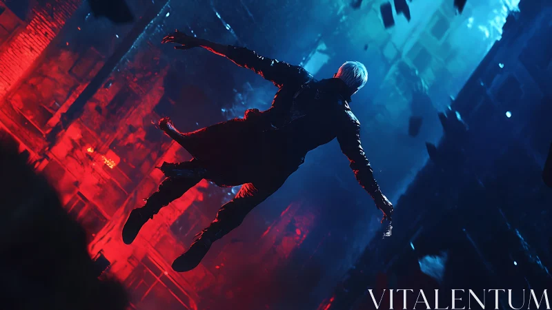 Cyberpunk figure descends through red blue fractured city