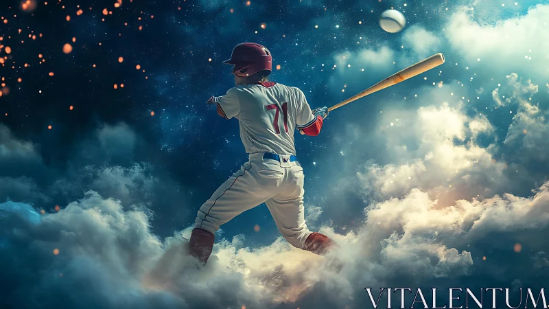 Baseball batter swings in cloud-filled, starry night sky