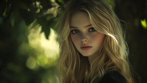 Blonde woman faces camera in soft forest background light