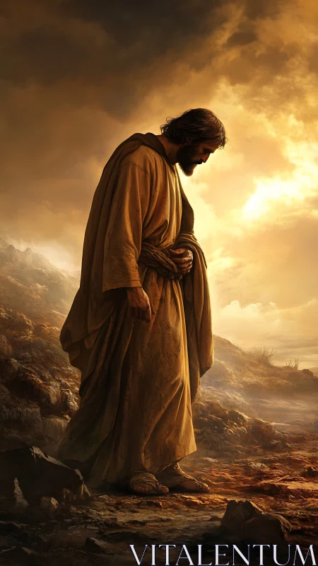 Solitary robed man walks rocky terrain under glowing sky