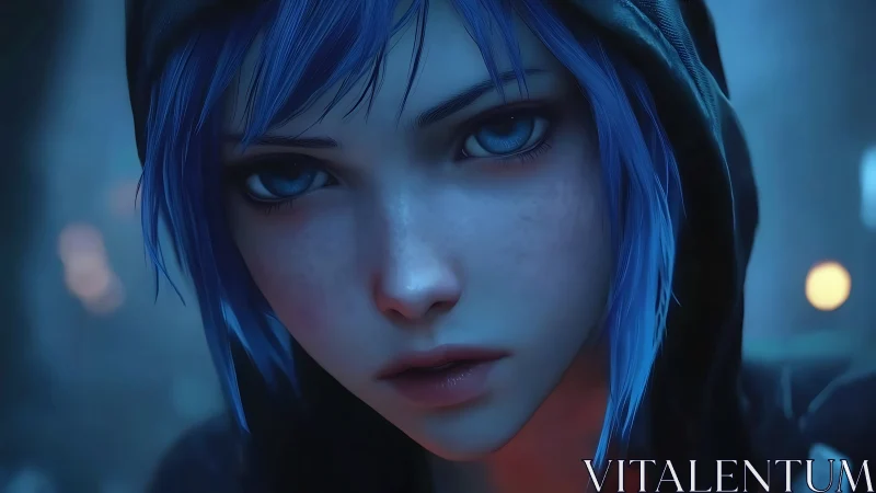 Blue-haired girl gazes intensely through neon-lit shadows.