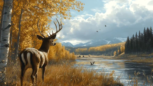 Deer by autumn river in mountainous conifer landscape at dusk.