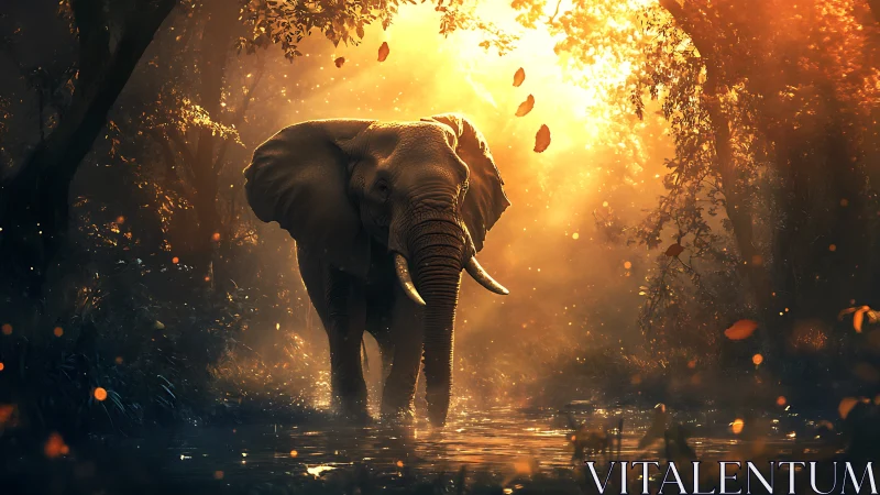Elephant crossing sunlit forest stream in golden haze.