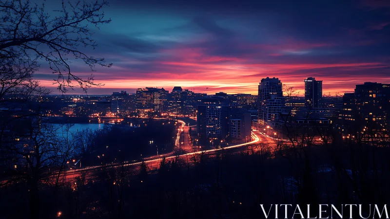 Urban skyline at dusk with illuminated traffic routes.