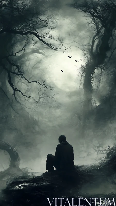 Solitary hooded figure in eerie foggy forest clearing at dusk.