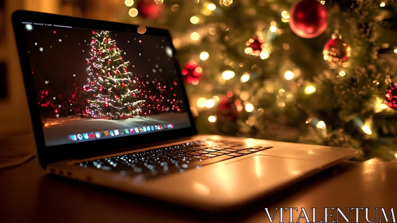 Laptop on desk with Christmas tree lights in background.