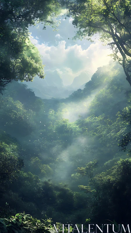 Misty Forest Valley Where Sunlight Dances Through Ancient Trees