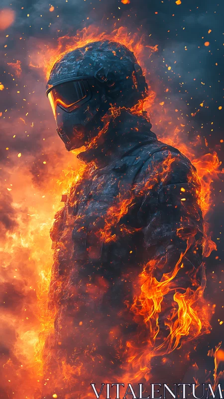 Armored figure stands engulfed in blazing cinematic fire.
