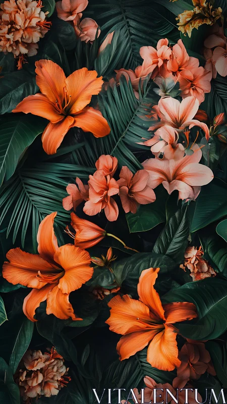 Tropical Flowers in Orange and Coral Tones Against Dark Green Foliage