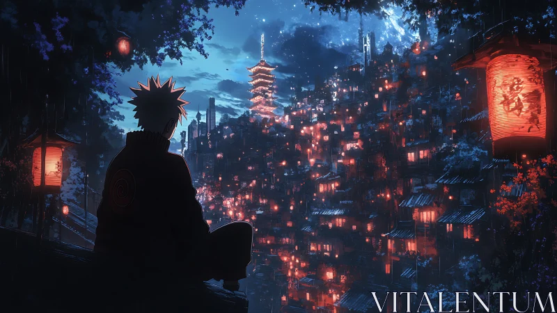 Lone ninja overlooking lantern city under blue night sky.
