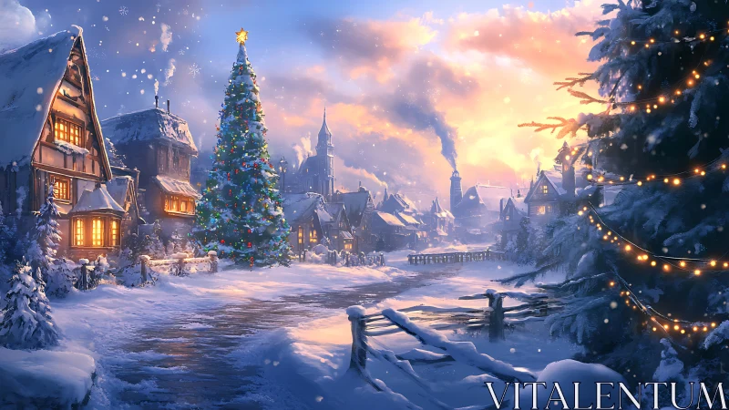 Snowy village street with tall decorated Christmas tree.