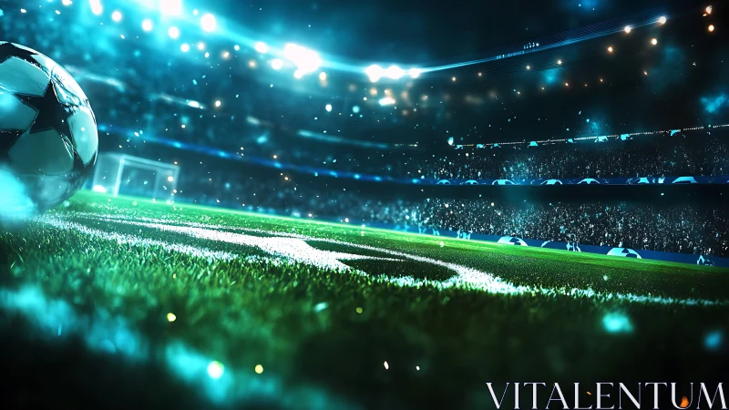 Floodlit football stadium pitch with match ball close-up.