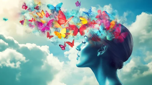 Surreal cyan female profile with chromatic butterfly mindscape