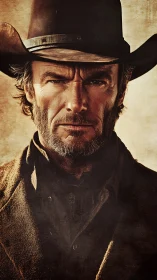 Weathered cowboy portrait under dramatic sepia lighting.