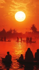 Sunset river scene with silhouetted boats and figures.