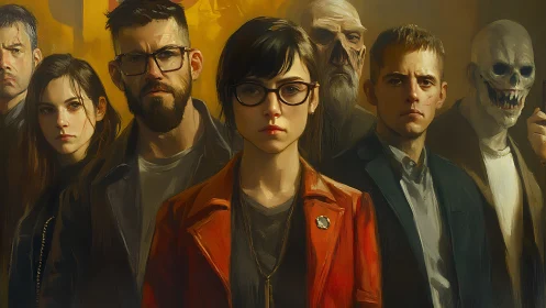 Determined young heroine stands with allies against dark foes