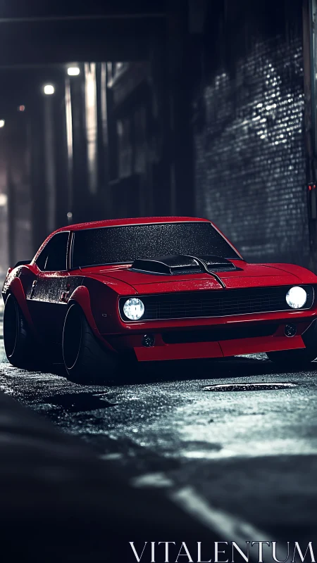 Midnight red muscle car resting in a rain-slick city alley.